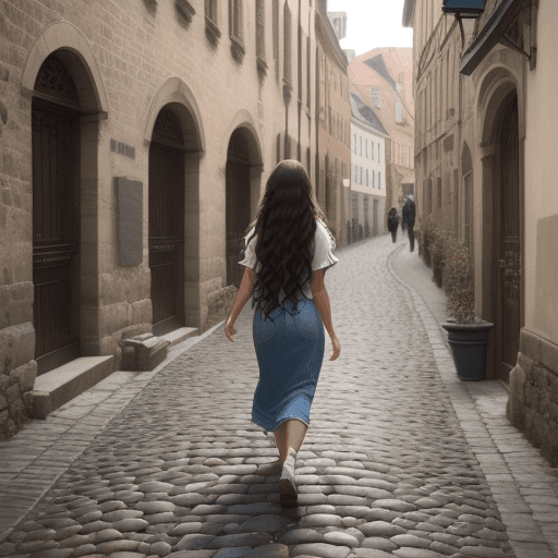 AI generated: An image of a woman with long, wavy brunette hair, walking confidently down a cobblestone street. 
