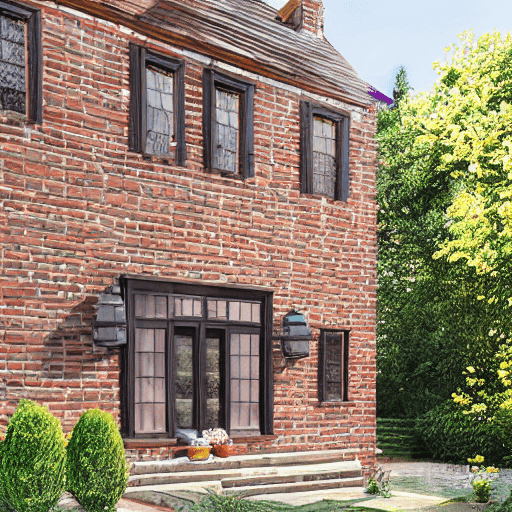 AI generated: hyper realistic eye level exterior photo of a brick house house, daylight, indirect lighting, sidewa...