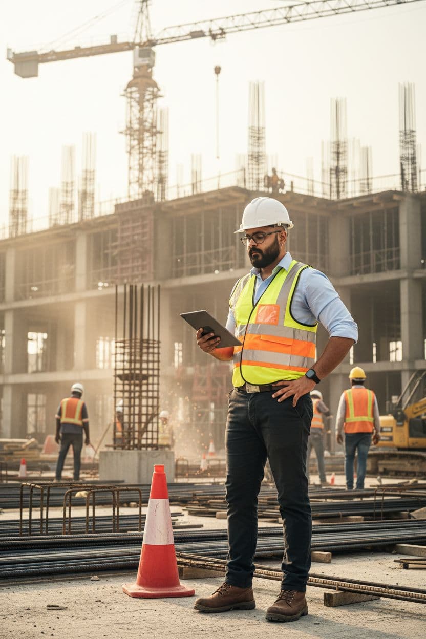 AI generated: A professional site engineer is standing at an active construction site during a routine site visit....