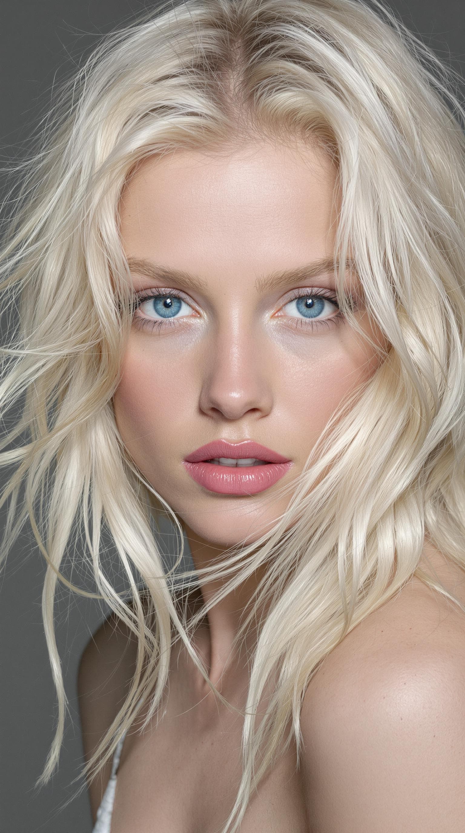 AI generated: "The image is a striking close-up portrait of a model with lustrous, tousled platinum blonde hair ca...