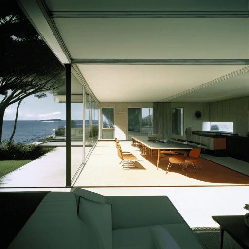 AI generated: Hyper realistic eye level exterior photo of a mid century modern style house overlooking the ocean, ...