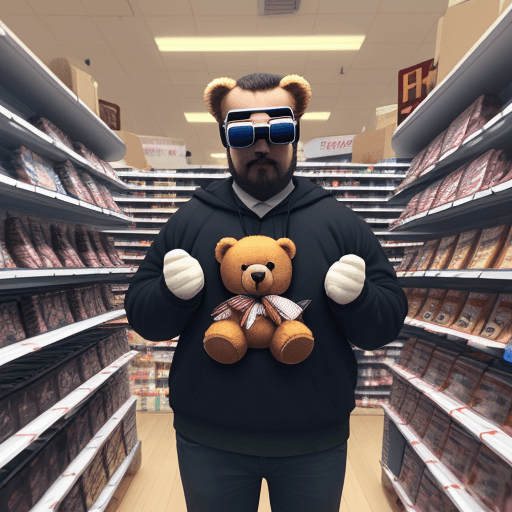 AI generated: male teddy bear behind stocking shelves in a store with ar glasses on

.
