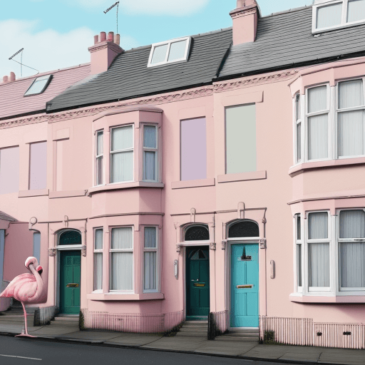 AI generated: A Manchester town house, covered in a pastel pink fur, with pastel blue flamingos standing outside
