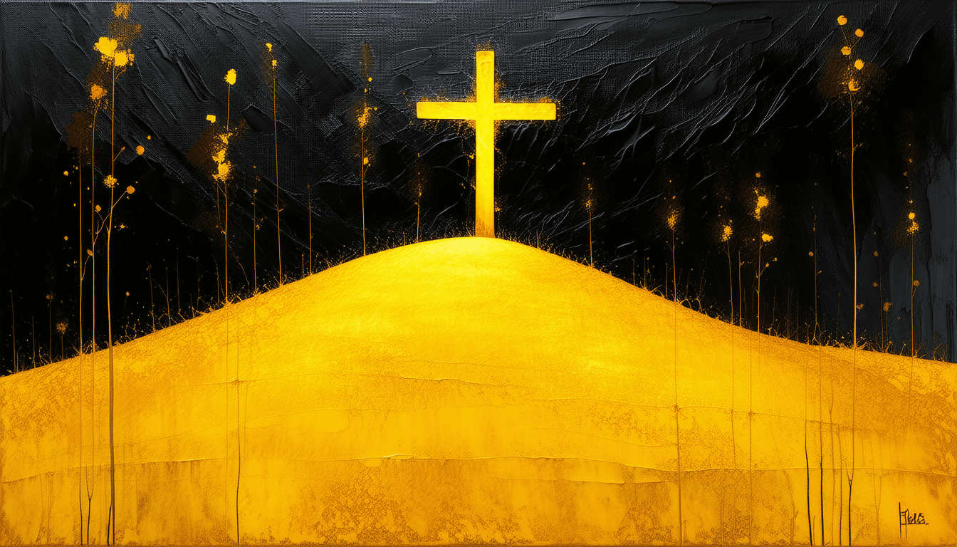 AI generated: a painting of a cross on top of a hill, inspired by Peter Brook, with a black dark background, natha...