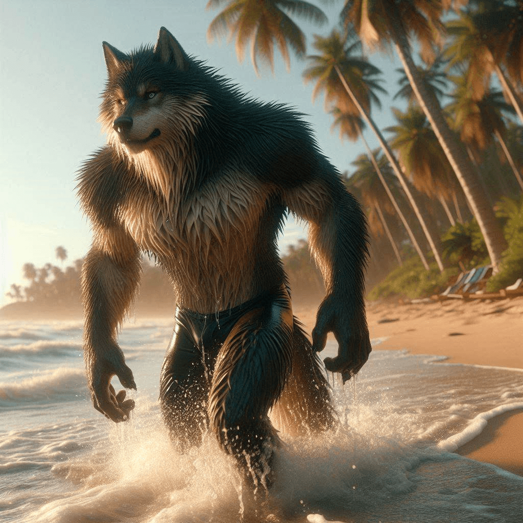 AI generated: Close-up professional cinematic 3D animation of a long-furred wolf man emerging from the ocean at a ...