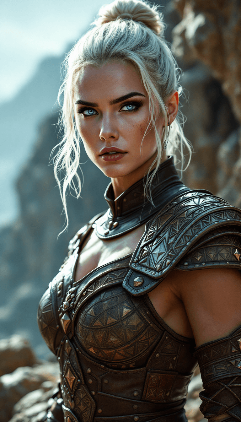 AI generated: A powerful warrior with platinum blonde hair, pulled back in a severe bun. Her eyes are piercing, ic...