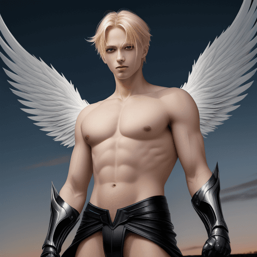 AI generated: male, black angel wings, blond hair, dusk, high detail, avenging angel, blue eyes