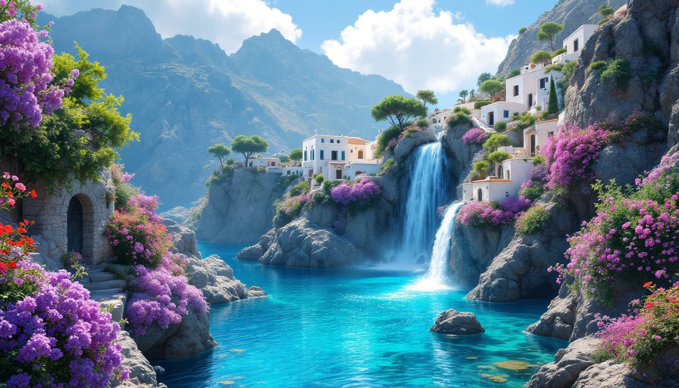 AI generated: a mesmerizing, fictive, dreamlike Mediterranean landscape with a lush, vibrant waterfall cascading d...