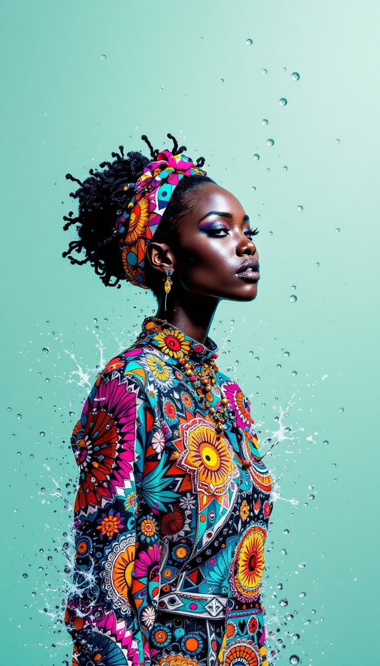 AI generated: colourful-water-drop-splash-black woman-tribal-african-baroque-leonardo-da-vinci-motif-africa-421304...