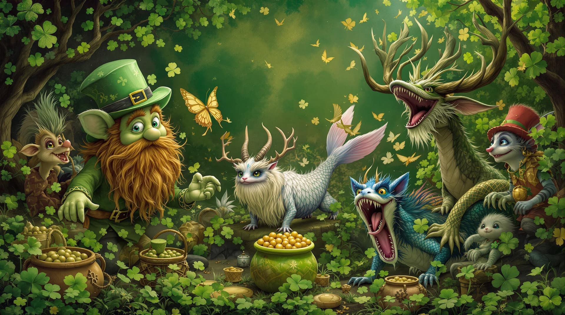 AI generated: St. Patrick's Day celebration featuring mythical fantasy creatures of Ireland, such as leprechauns, ...
