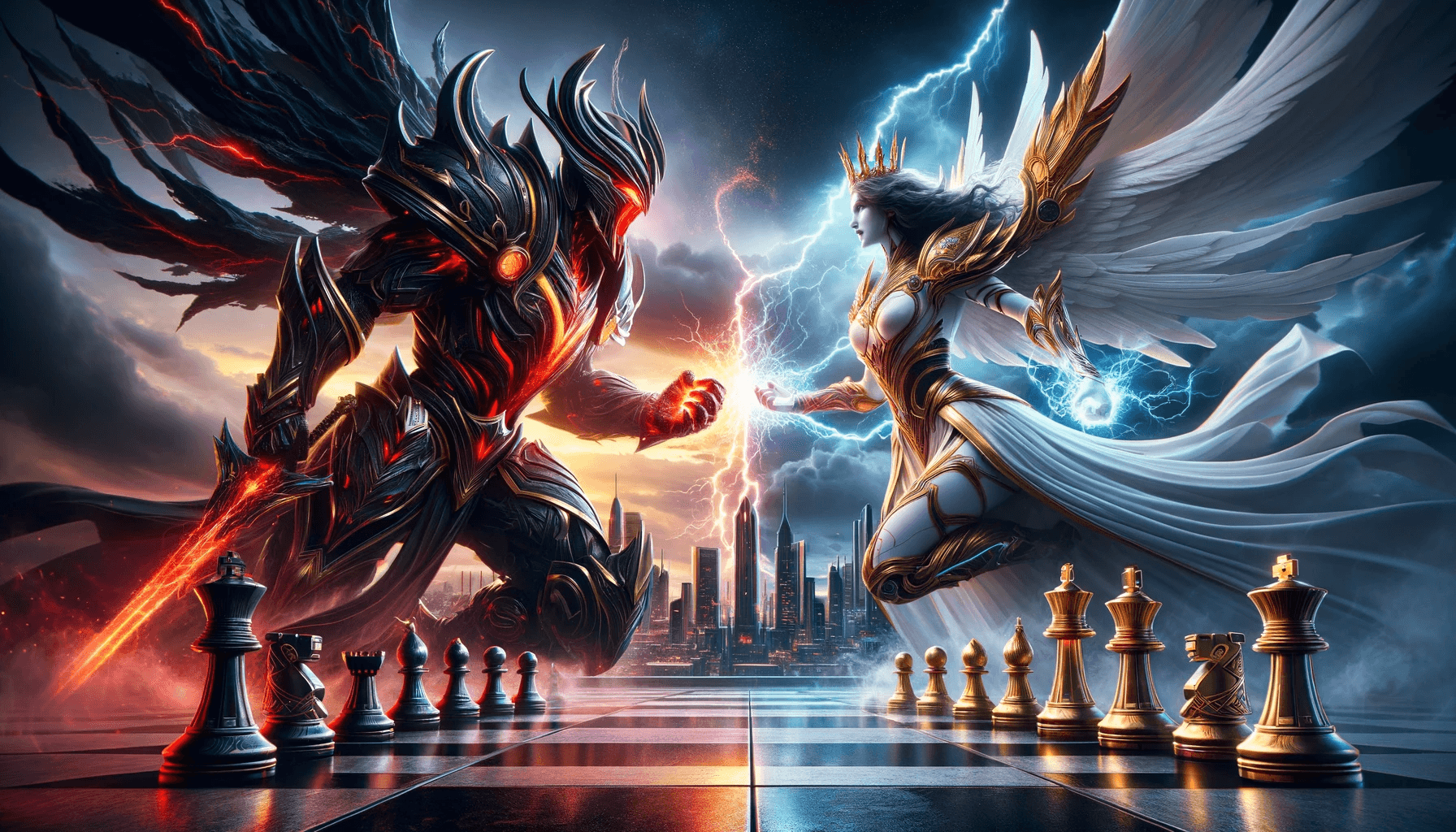 AI generated: Digital artwork of a fantastical chess game set in the foreground with a towering dark knight and a ...