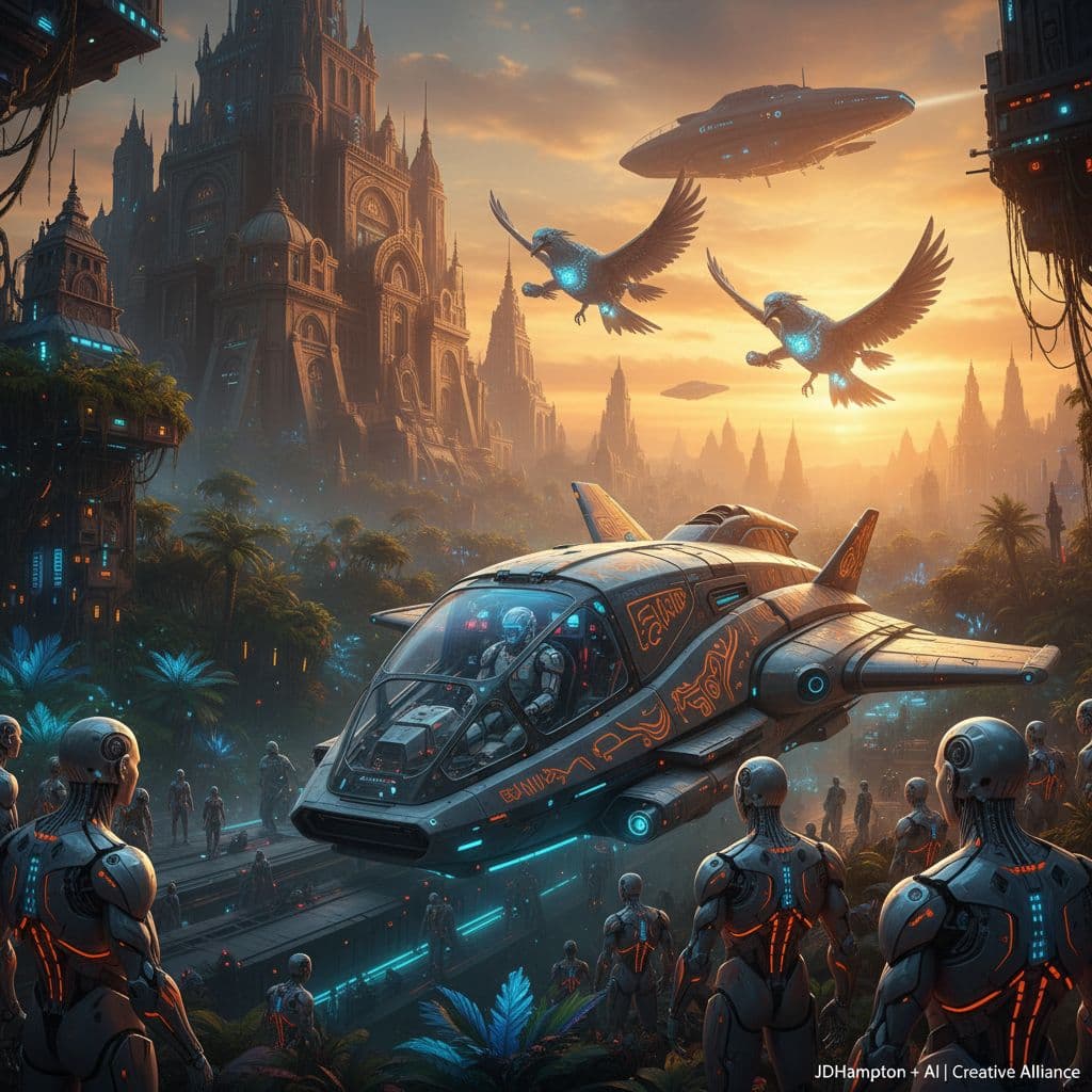 AI generated: 
Futuristic epic adventure, tartaria building in the background with mythological ancient flying sp...