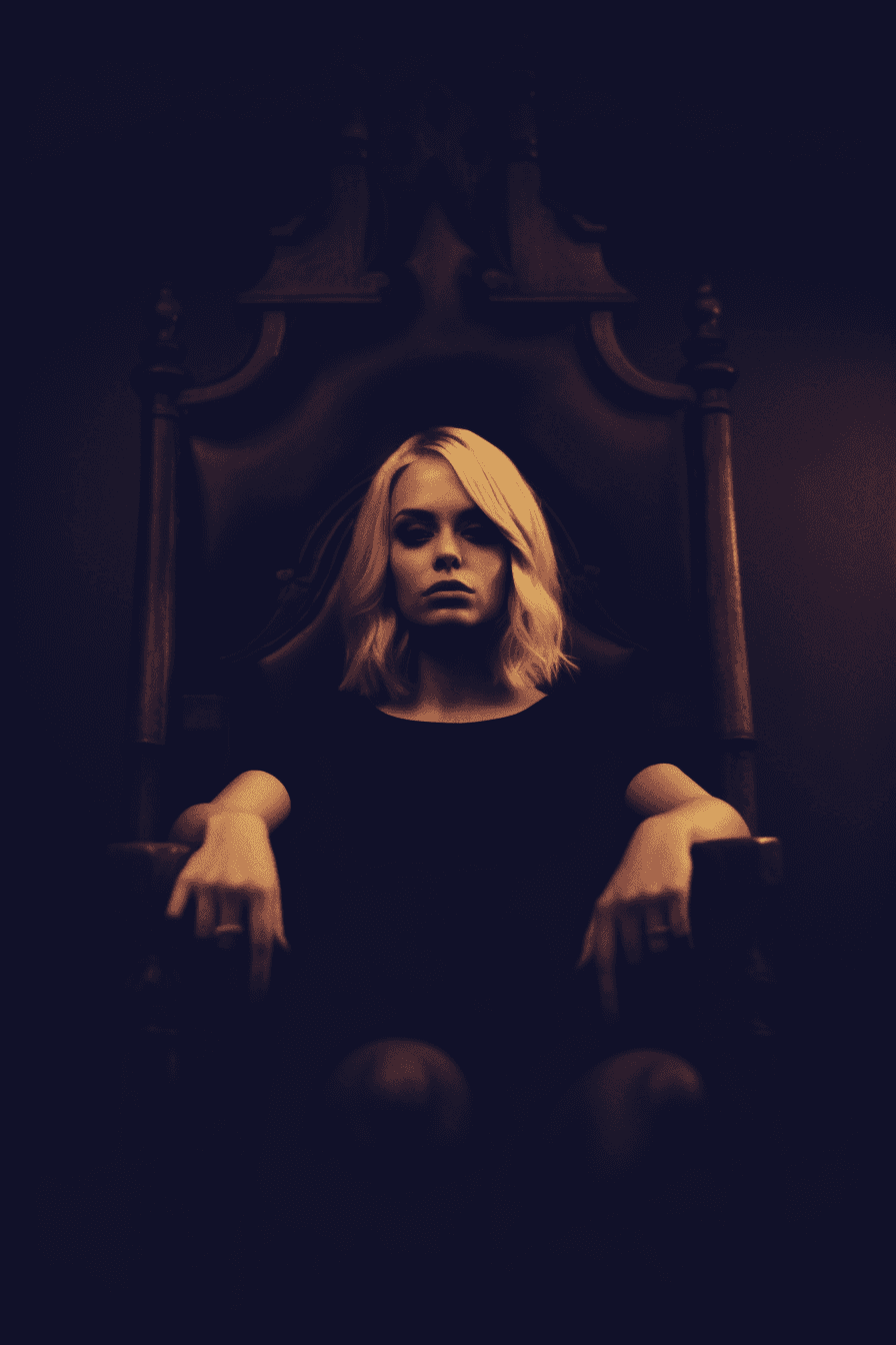 AI generated: vintage photo of beautiful blonde pagan priestess sitting in a dark wood throne, in the style of wit...