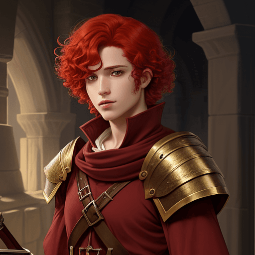 AI generated: fantasy, cleric of hesinde, short red hair, curls, male