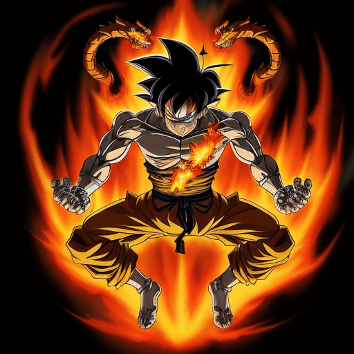 AI generated: 
Son Goku, he is a skeleton, eyes on fire, possessed, flying wrapped in flames, against Shenlong, th...