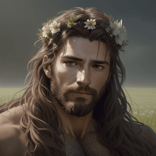 AI generated: portrait of the god of the meadow, 30 years old, meadow, flower crown, rugged, male, gorgeous, detai...