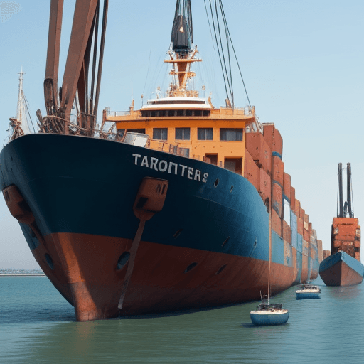 AI generated: imagen de un puerto donde se observen barcos, contenedores, gruas, personas trabajando