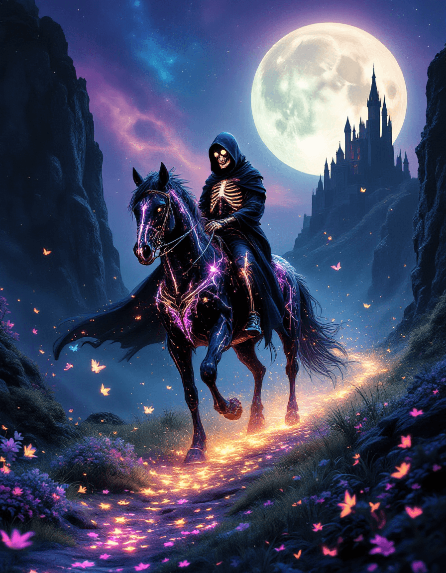 AI generated: A glowing skeletal figure cloaked in a dark, hooded robe rides a majestic black horse through a myst...
