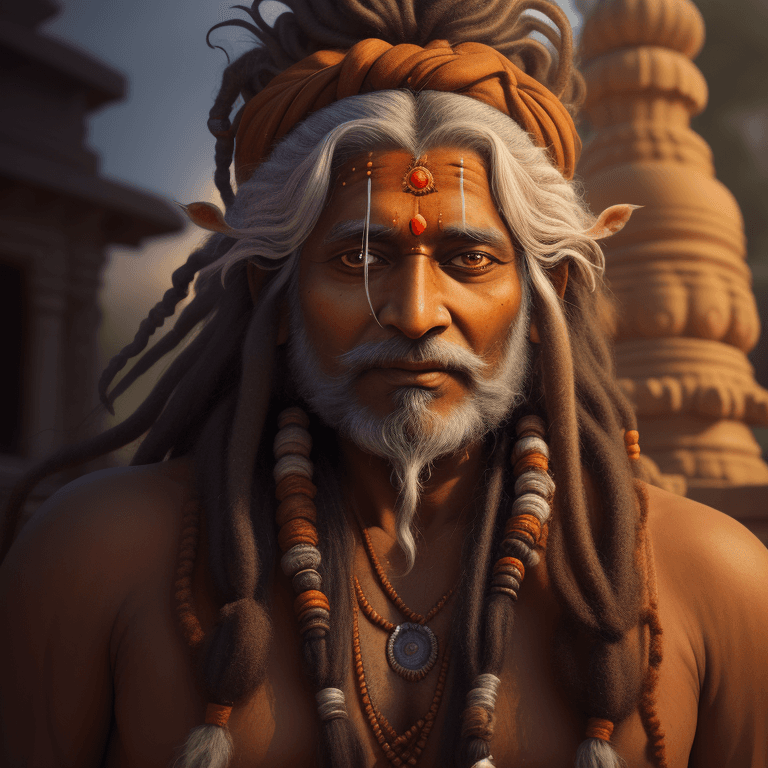 AI generated: Indian old shiva 
sadhu in front of a hindu temple, with long dreads, hyper realistic photo, rim lig...
