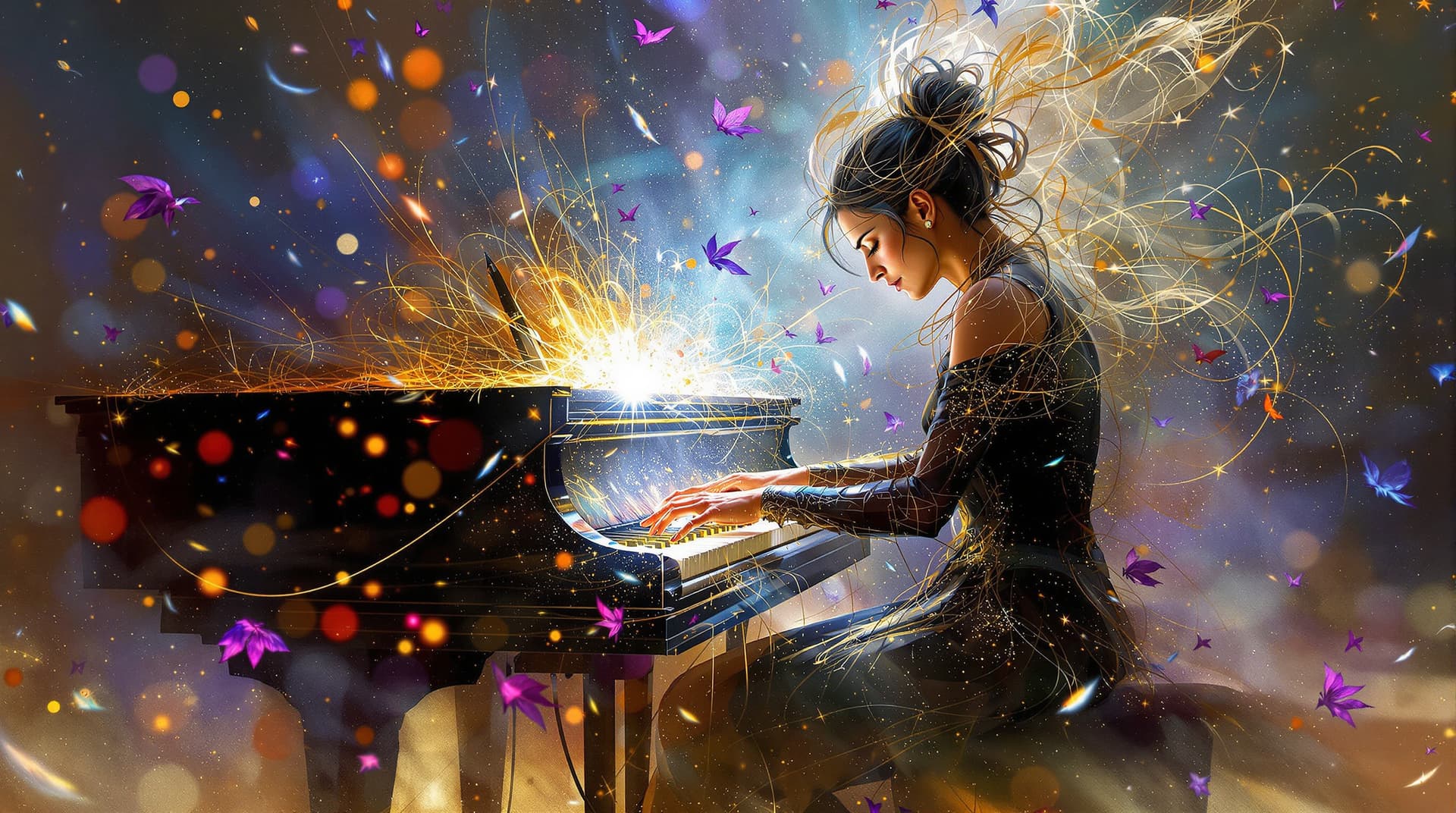 AI generated: A magical pianist creating magical music notes by Pino Daeni, Jeremy Mann, Carne Griffiths, Wadim Ka...