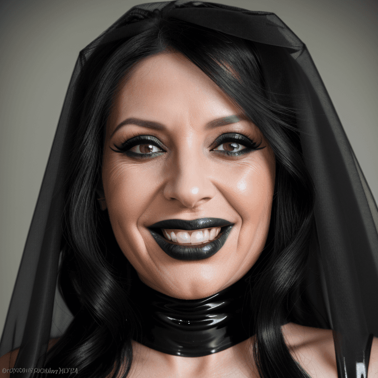 AI generated: hyper realistic headshot photo of a 45 year old woman, wearing a black latex Wedding dress with a bl...