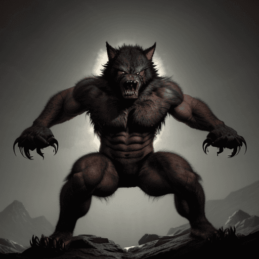 AI generated: High resolution, muscular werewolf, locked in a menacing stance that implies barely contained raw po...