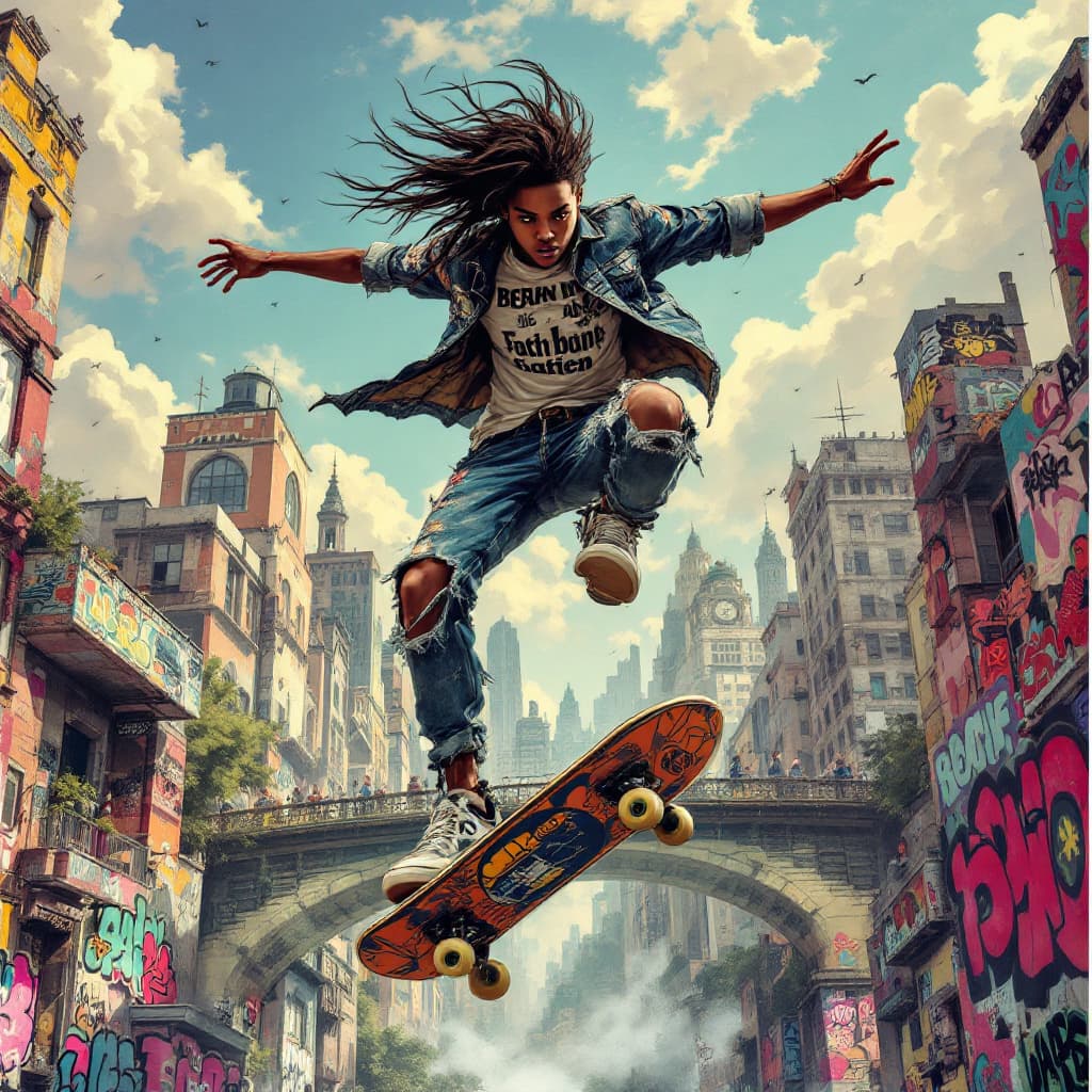 AI generated: 10. A dynamic, full-body action shot of a american black boy skateboarding on a giant, floating viny...