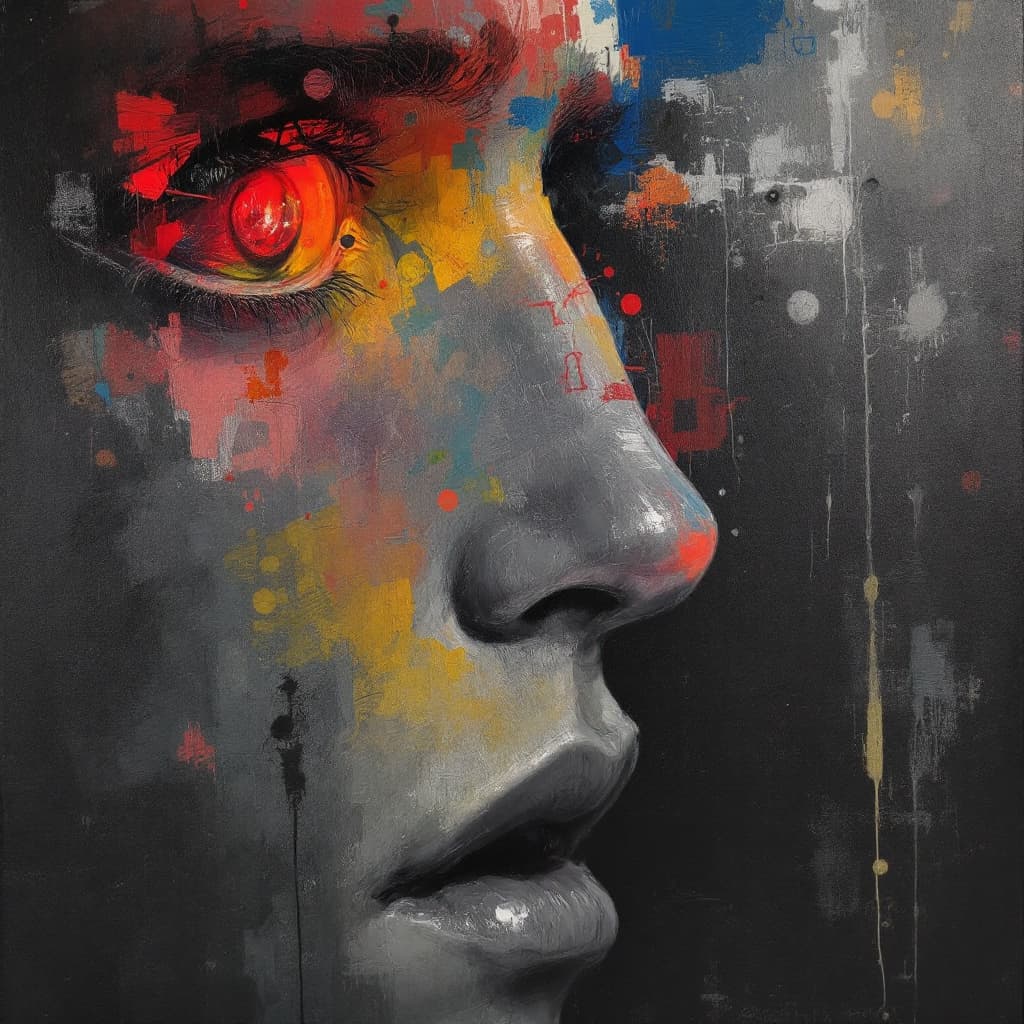 AI generated: artistic, oil painting, avant garde, man, agonized face, gaze, anomalous and dynamic colours, melanc...
