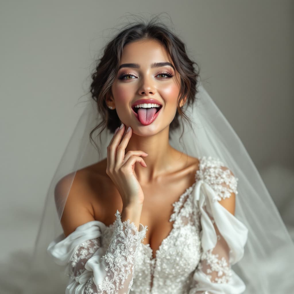 AI generated: Young girl 24 years dress in a bride dress  and  her leg with high heel boots white . The girl had t...
