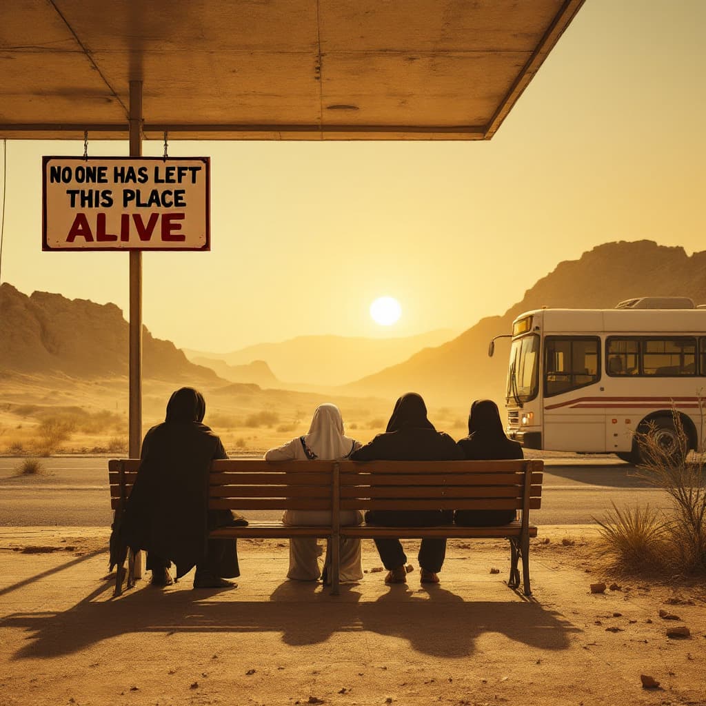 AI generated: wide shot, front shot  of a bus station located in the middle of the dessert, is sunset , dusty envi...