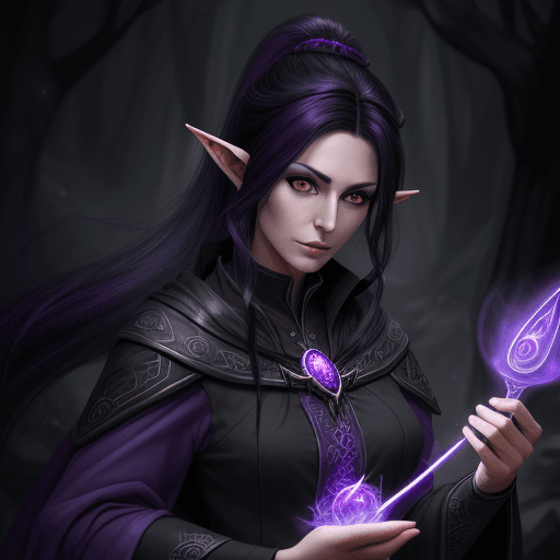 AI generated: elven archmage, adult woman, 30-40 years old face, experienced, black hair, long ponytail, dark purp...