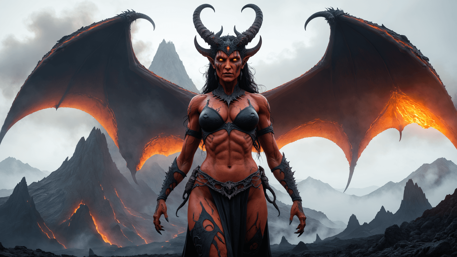 AI generated: by Wayne Barlowe, masterpiece, full body shot, young horned demoness, breathtakingly beautiful, godd...