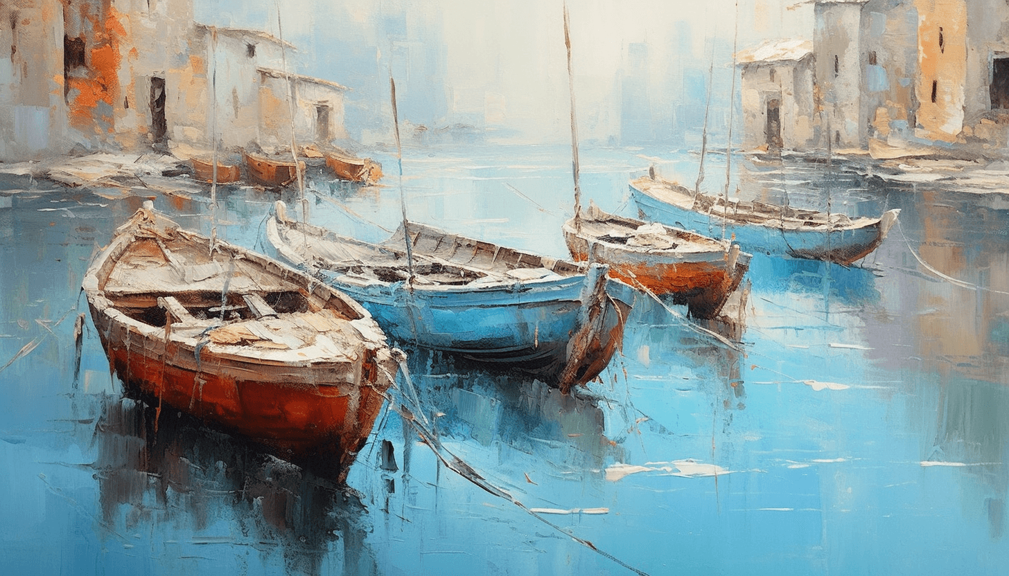 AI generated: an abstract ultrafine detailed painting of old colorful wooden boats near the sea in blue and turquo...