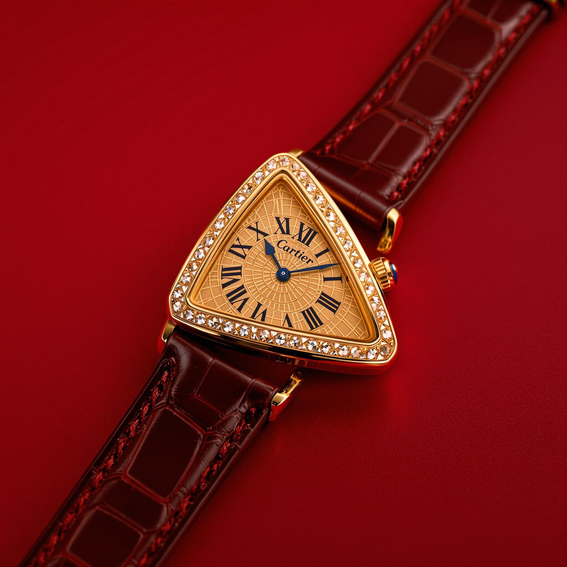 AI generated: Triangle tank Cartier gold watch packshot on a red background 
