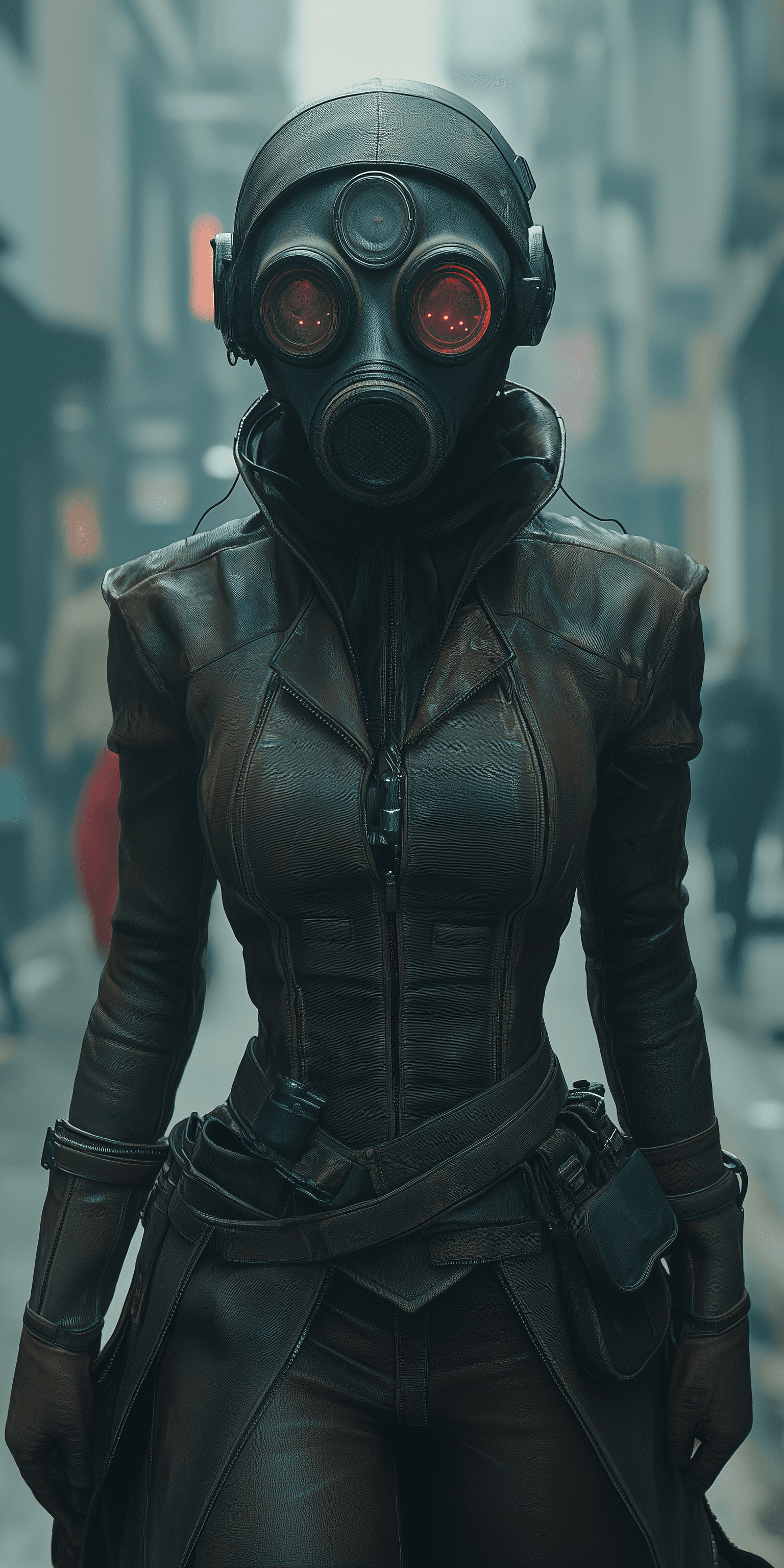 AI generated: A steampunk-inspired woman wearing a gasmask, a leather jacket, and leather pants stands in a dystop...