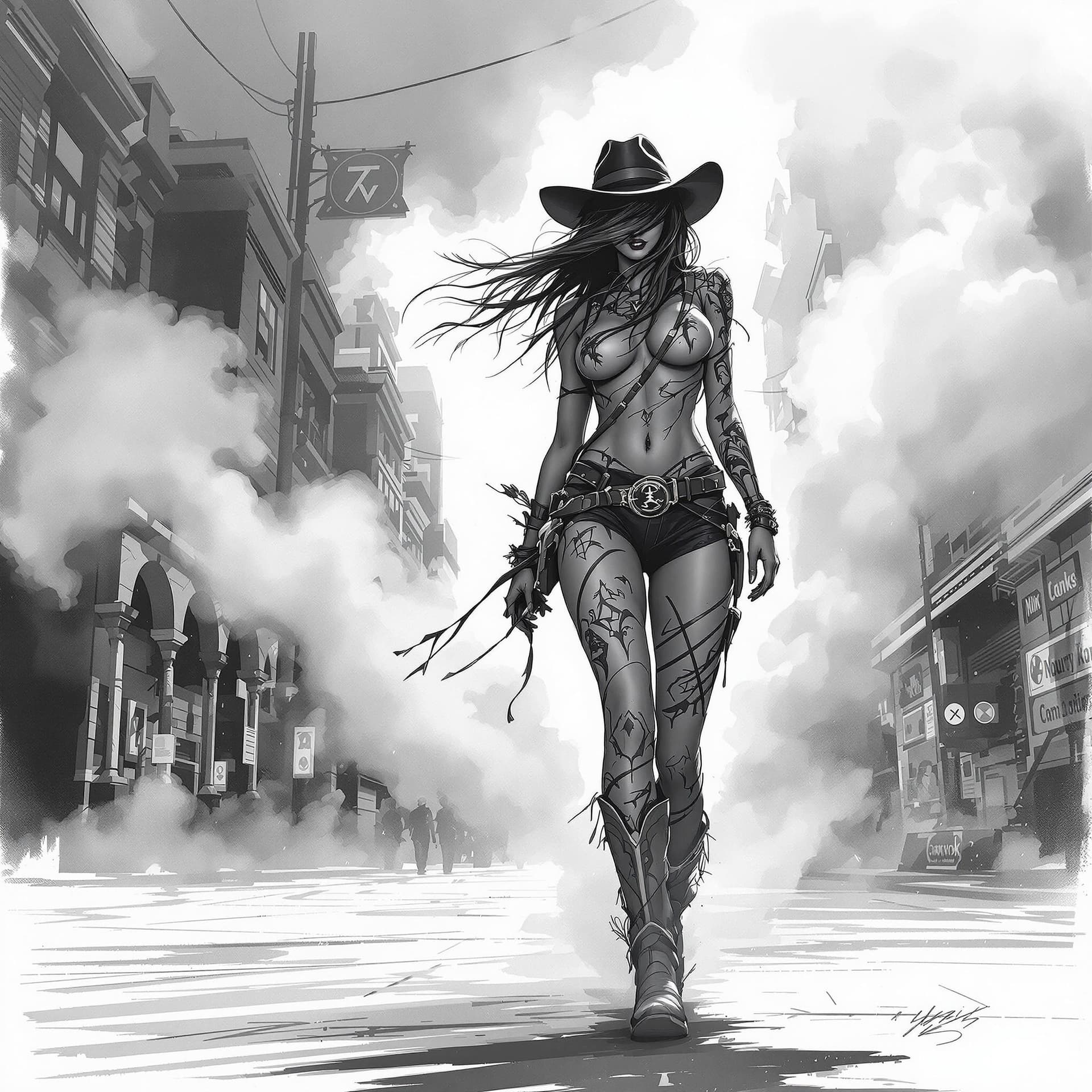 AI generated: A digital drawing of an urban cowgirl, full body, walking on the street, wearing cowboy boots and ha...