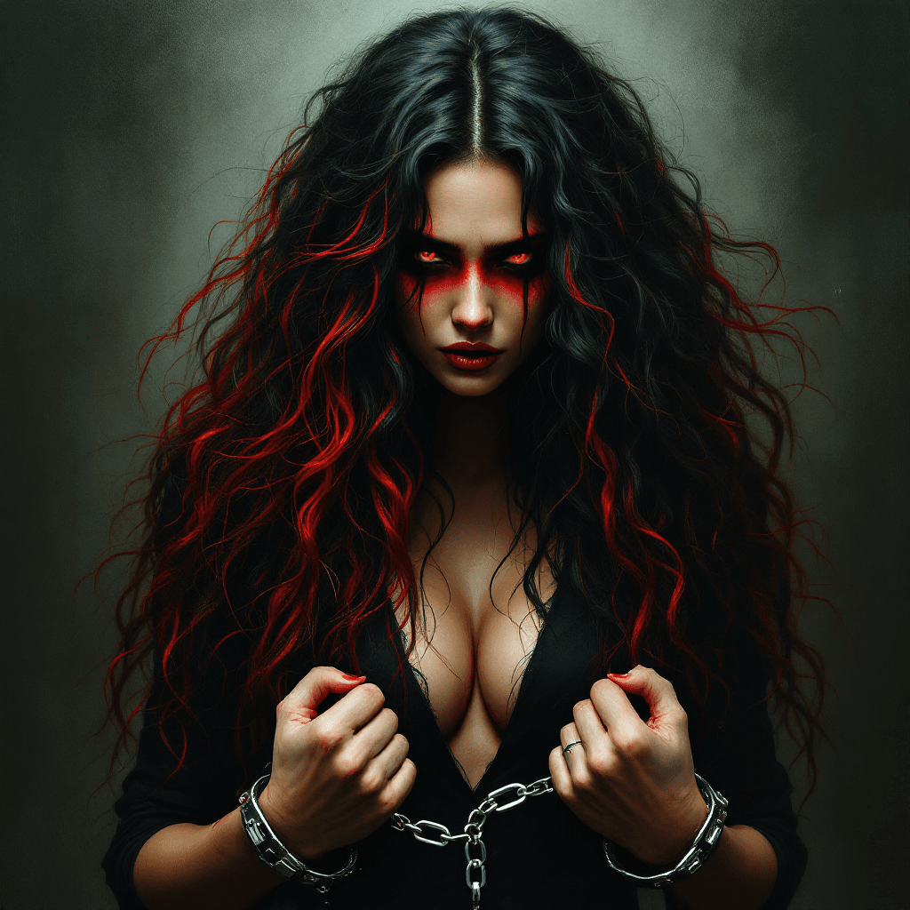 AI generated: With a mane of long, curly black and red hair cascading down her back, her piercing red eyes shine b...