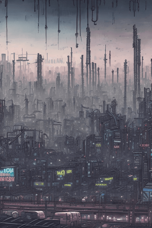 AI generated: a view of a city with a diesel-punk vibe industrial, bleak city of the future, future city, in fanta...
