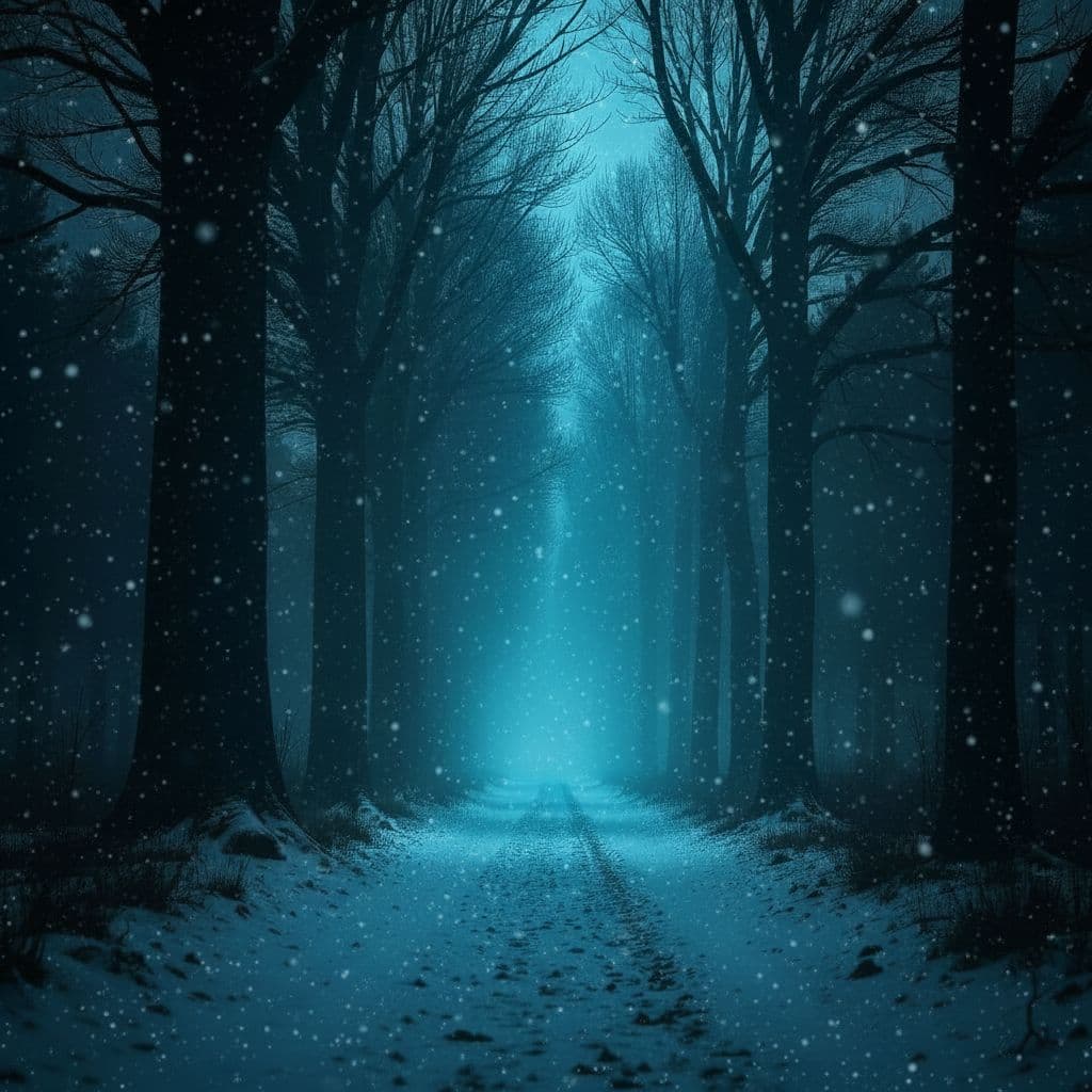 AI generated: Create a high-quality, atmospheric photograph of a forest path at night during a gentle snowfall. Th...