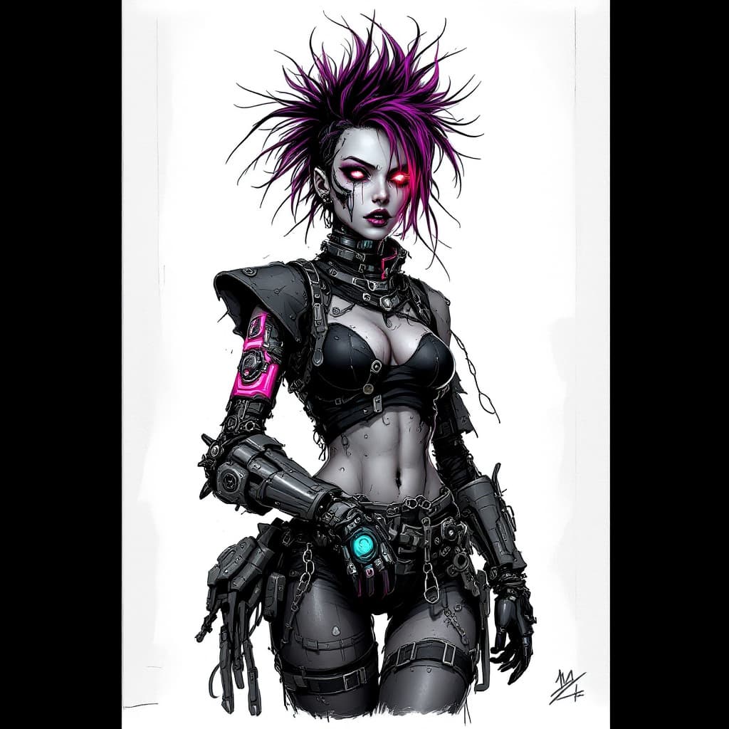 AI generated: Create an intricate sketch of a cyborg character, heavily influenced by punk rock aesthetics. The cy...