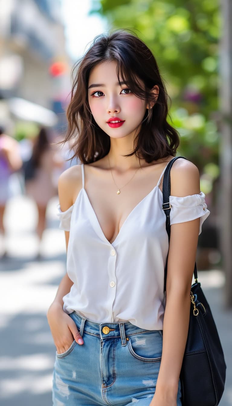 AI generated: ultra-realistic photo of a cute Korean girl, 17-years-old, full-shot, summer, skinny, slim,shot on a...