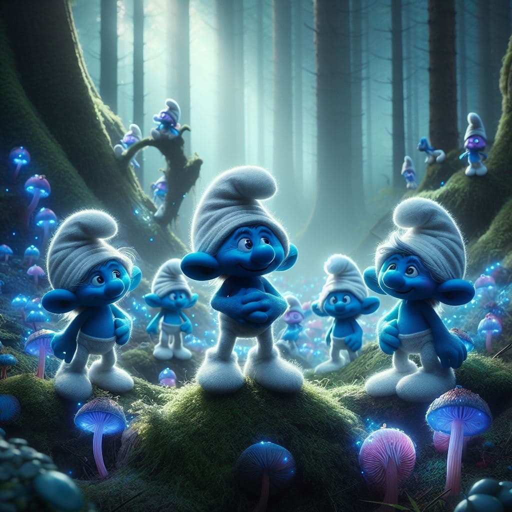 AI generated: The smurfs living and working in the magic forest, their houses made of mushrooms, organic forms, wo...