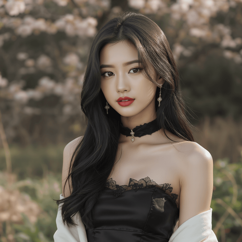 AI generated: masterpiece, outdoor glamour, delicate lighting, ebony hair cascade, intimate fashion, natural backd...