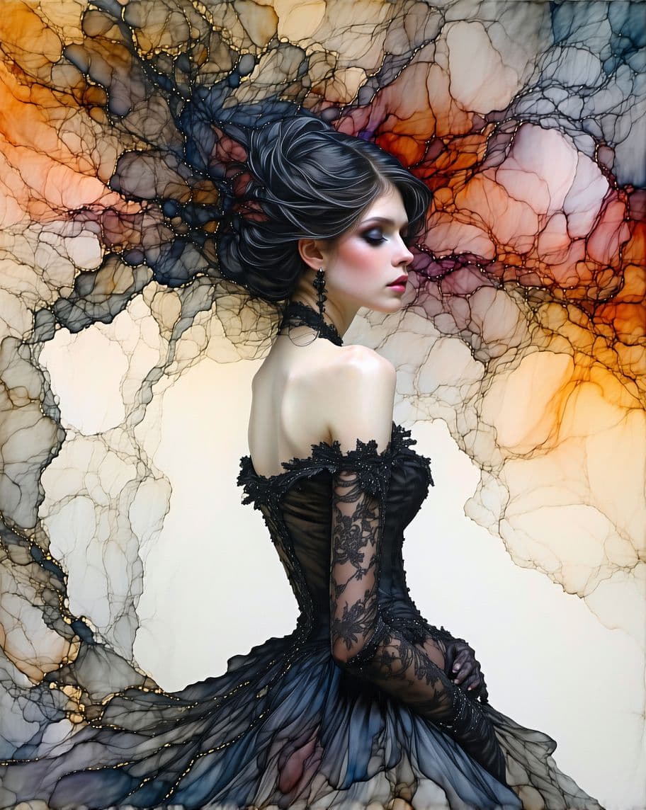 AI generated: Prompt:  (Masterpiece), (( "Marchesa Marianna Florenzi."  (1824) no seu belo vestindo  preto
de velu...