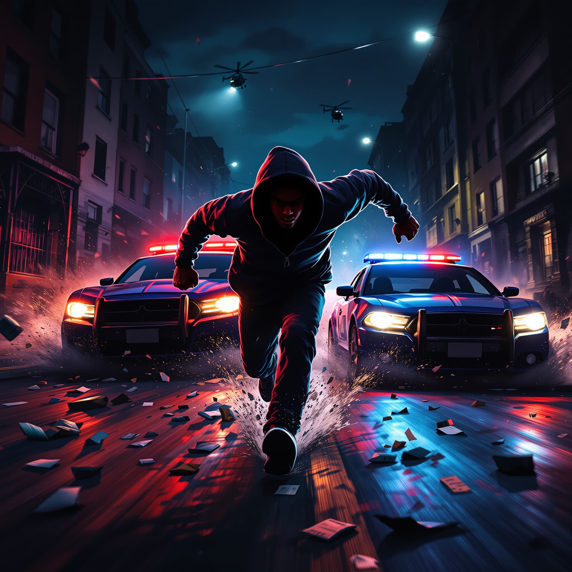 AI generated: FRONT view of a young black men in hoodie and urban wear running AT FULL SPEED and stride, one fist ...