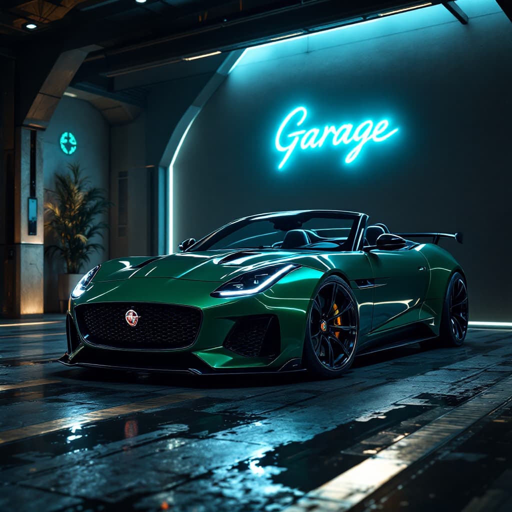 AI generated: General outline of a latest model 2024 jaguar ftype convertible in futuristic style British racing g...