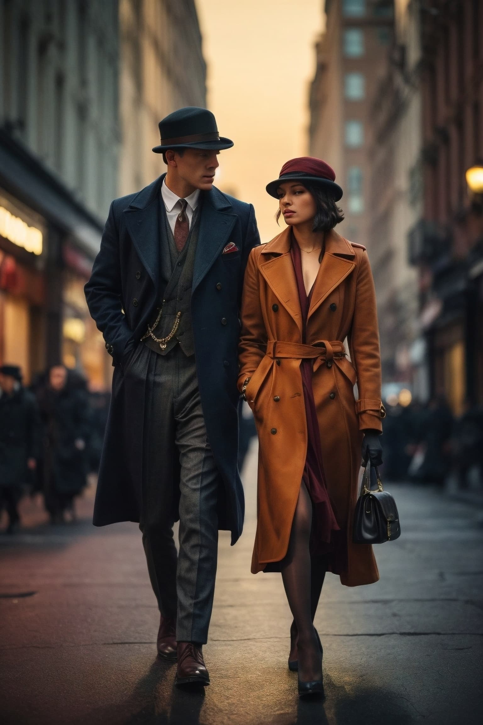 AI generated: "As the sun sets over the city, a couple  make their way through the crowded streets. Dressed in the...