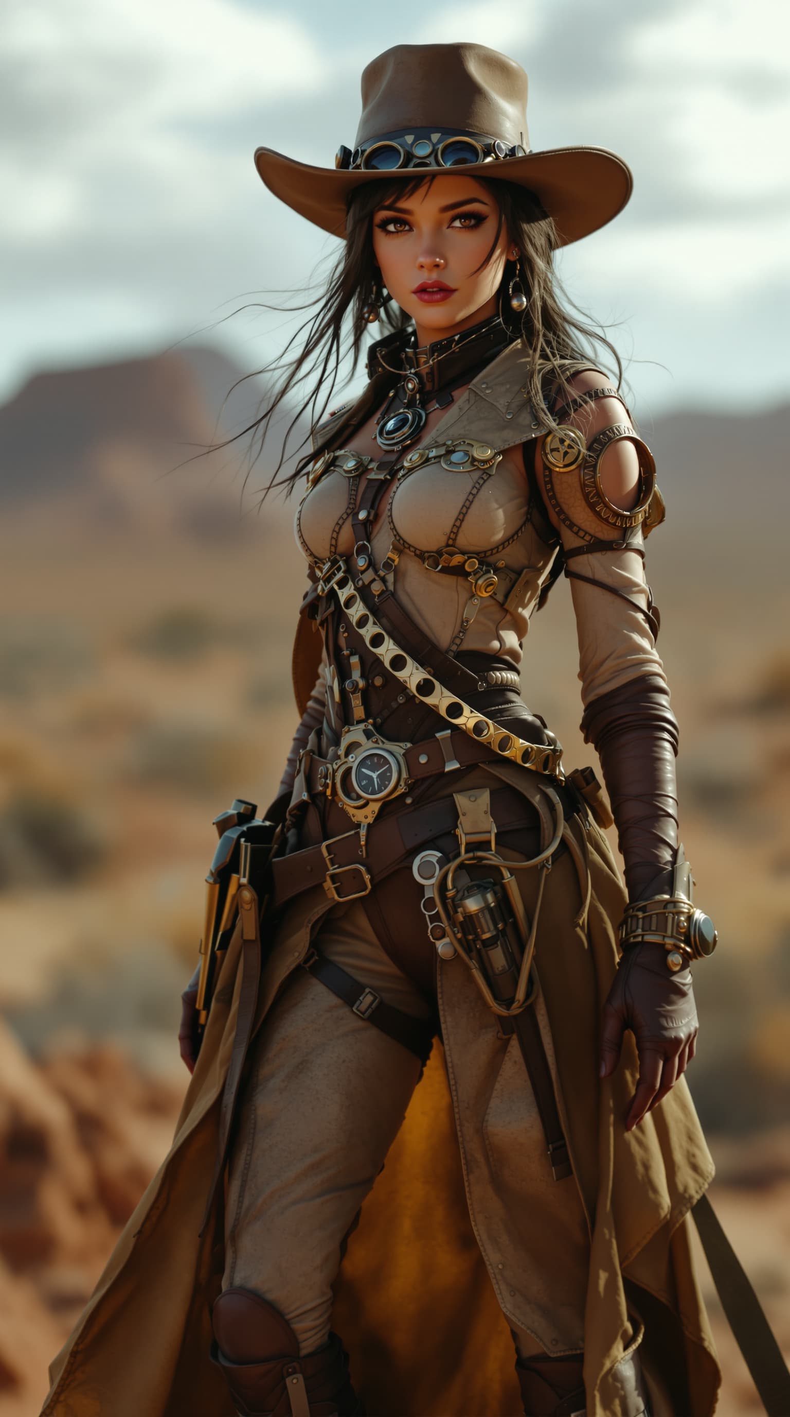AI generated: A hyper-realistic depiction of a age 18 Jenna Ortega playing the role of a steampunk gun slinger, dr...