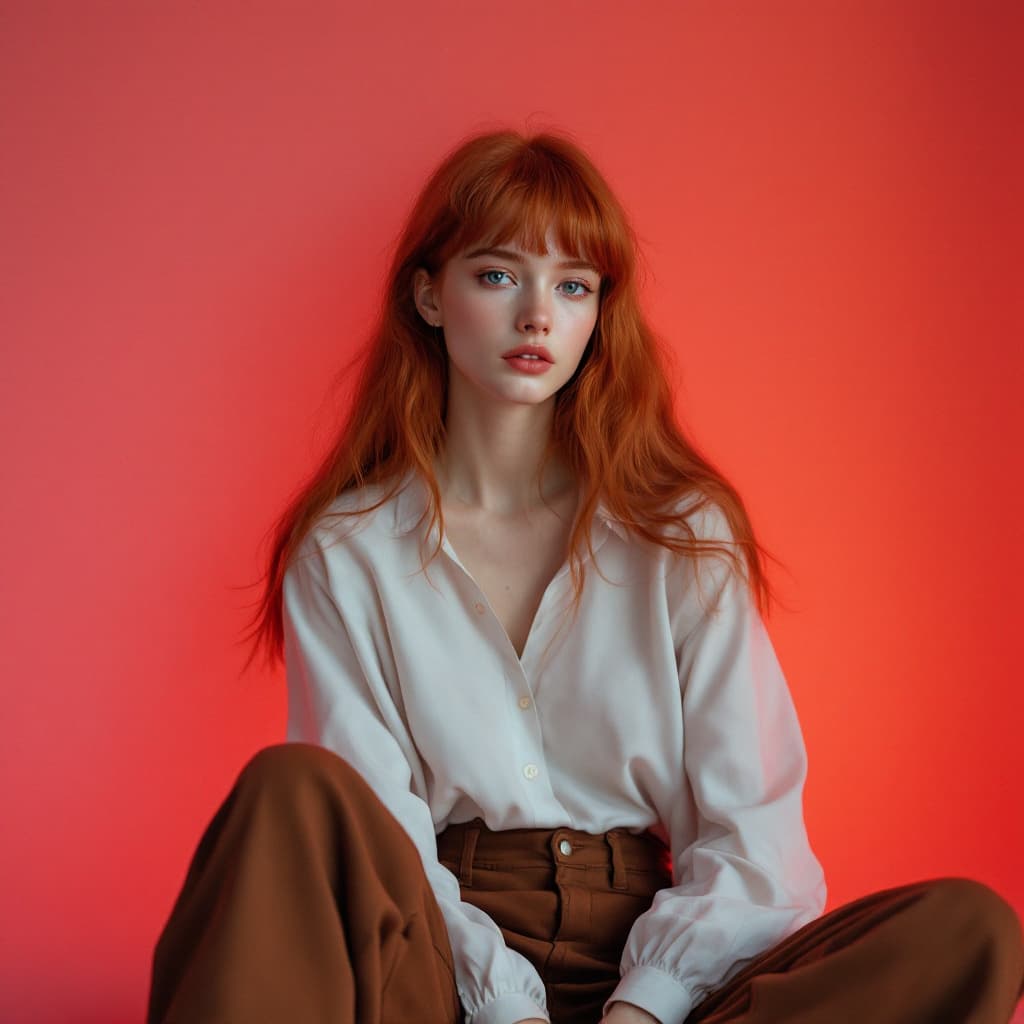 AI generated: Wide and low angle, cinematic fashion photography for the Uniqlo brand. Woman, redhead 
 20 years ol...
