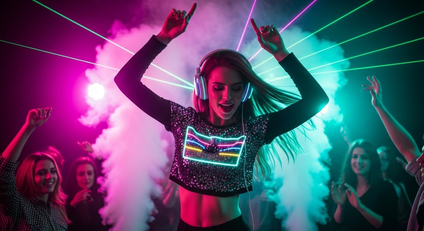 AI generated: A stunning young female DJ dancing in the middle of a neon-lit club, wearing a futuristic sequin cro...